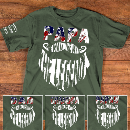 Papa The Man The Legend Shirt, Personalized Dad Grandpa Tee with Kids Names, Patriotic USA Flag Design T-Shirt for Father Birthday 4th of July
