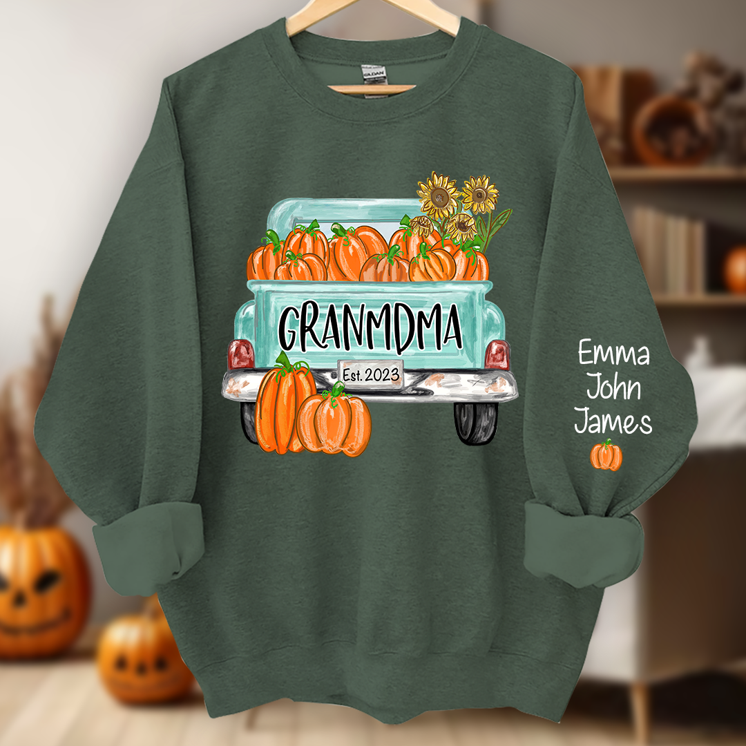 Grandma Truck with Pumpkins Flower Autumn And Grandkids Sweatshirt