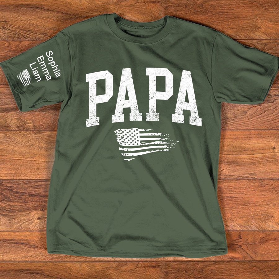Personalized Papa Shirt with Grandkids Names, Patriotic Flag Custom Sleeve Tee, Fathers Day Birthday Gift for Grandpa
