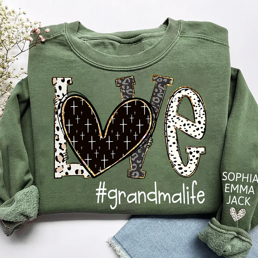 Personalized Love grandmalife Sweatshirt Bible Style Design & Custom Grandkids Names on Sleeve Sweatshirt