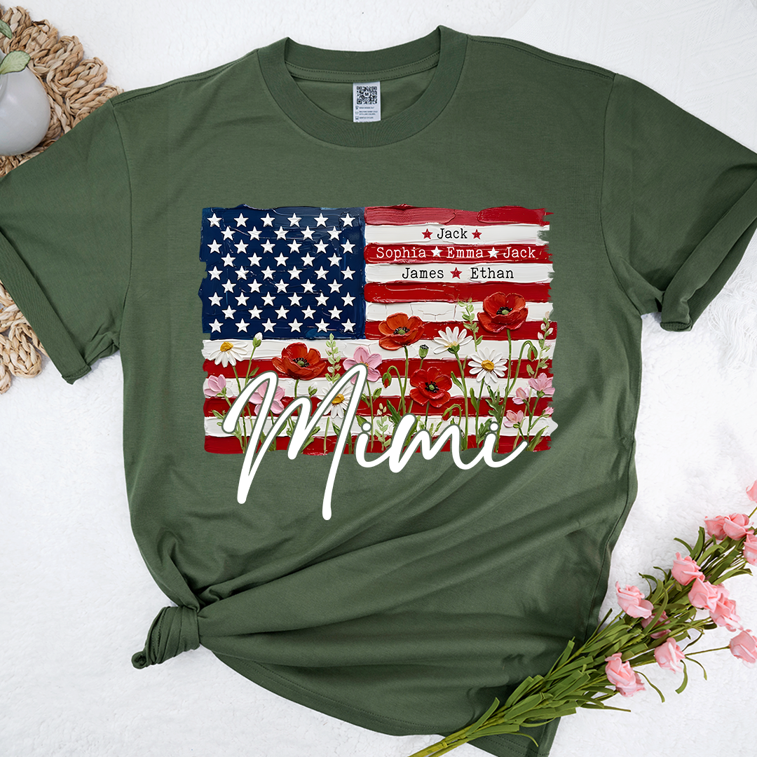 Personalized Patriotic USA Flag Floral Mimi T-shirt, Custom Family Names T Shirt, Perfect for Nana, Gigi, Grandma