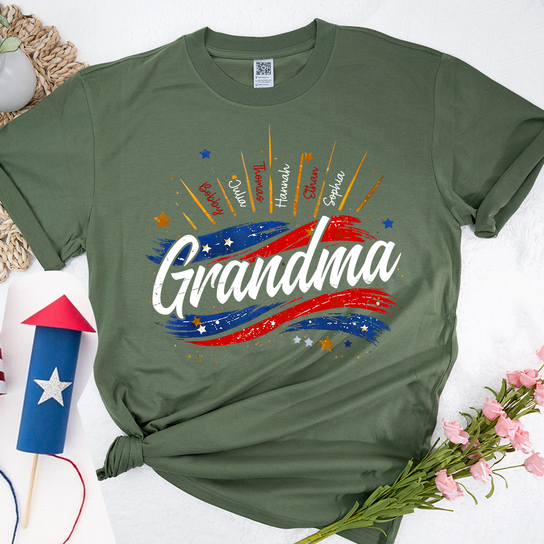 Personalized Grandma Shirt, Custom American Flag Design with Kids' Names, Family T Shirt for 4th of July