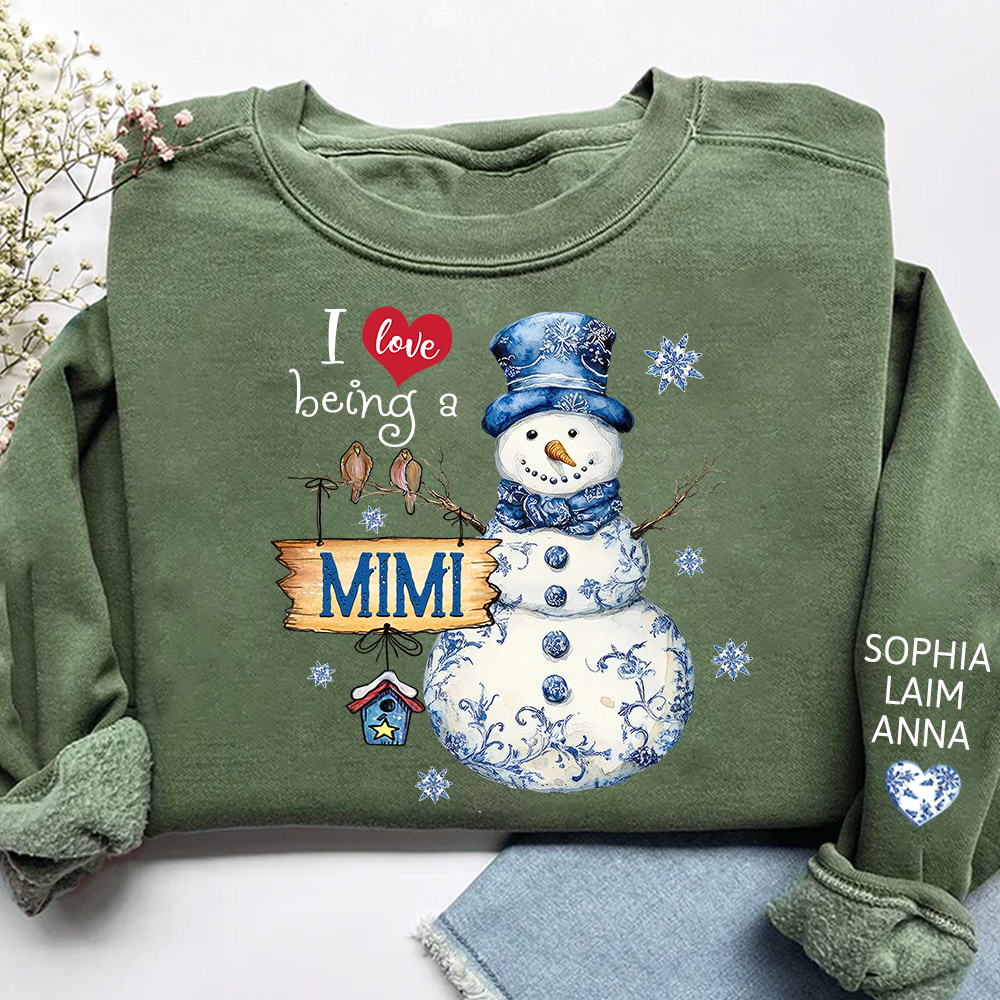 Personalized I Love Being a Mimi Snowman blue toile Sweatshirt and Grandkids Name Winter Design
