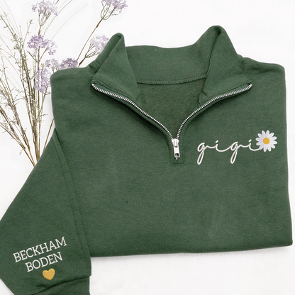 Custom Embroidered Gigi daisy flower Sweatshirt And Grandkids Quarter Zip Sweater