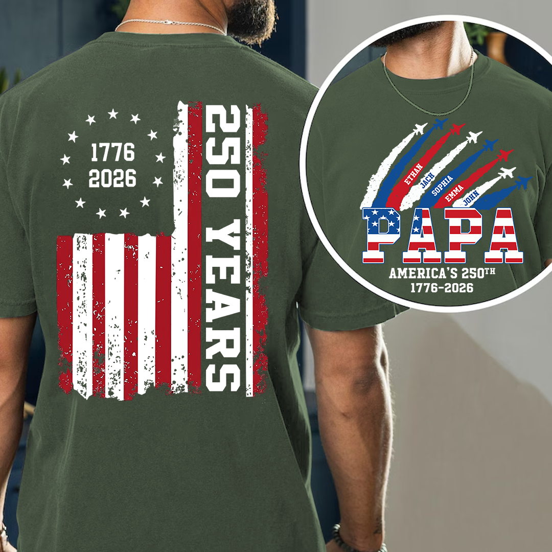 Personalized Papa America's 250th Anniversary Shirt Custom Kids Names, Patriotic Airshow Family Shirt, U.S. 250th Anniversary 1776 2026 Independence Day Apparel