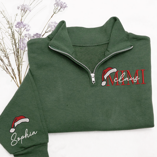 Mimi Claus Sweatshirt, Grandma And Grandkids Embroidered Quarter Zip Sweater