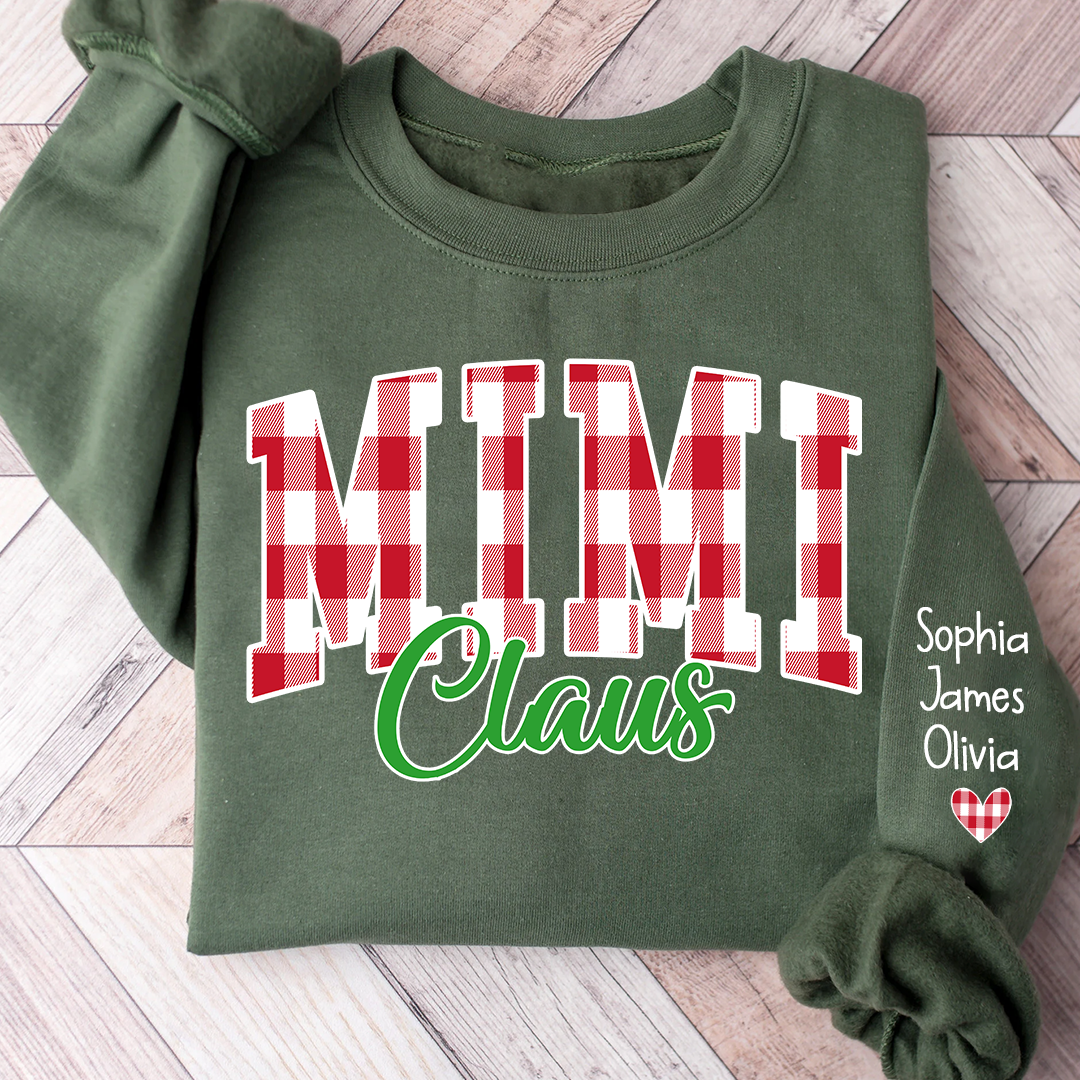 Mimi claus Buffalo Plaid And GrandKids Names Christmas 2024 Sweatshirt