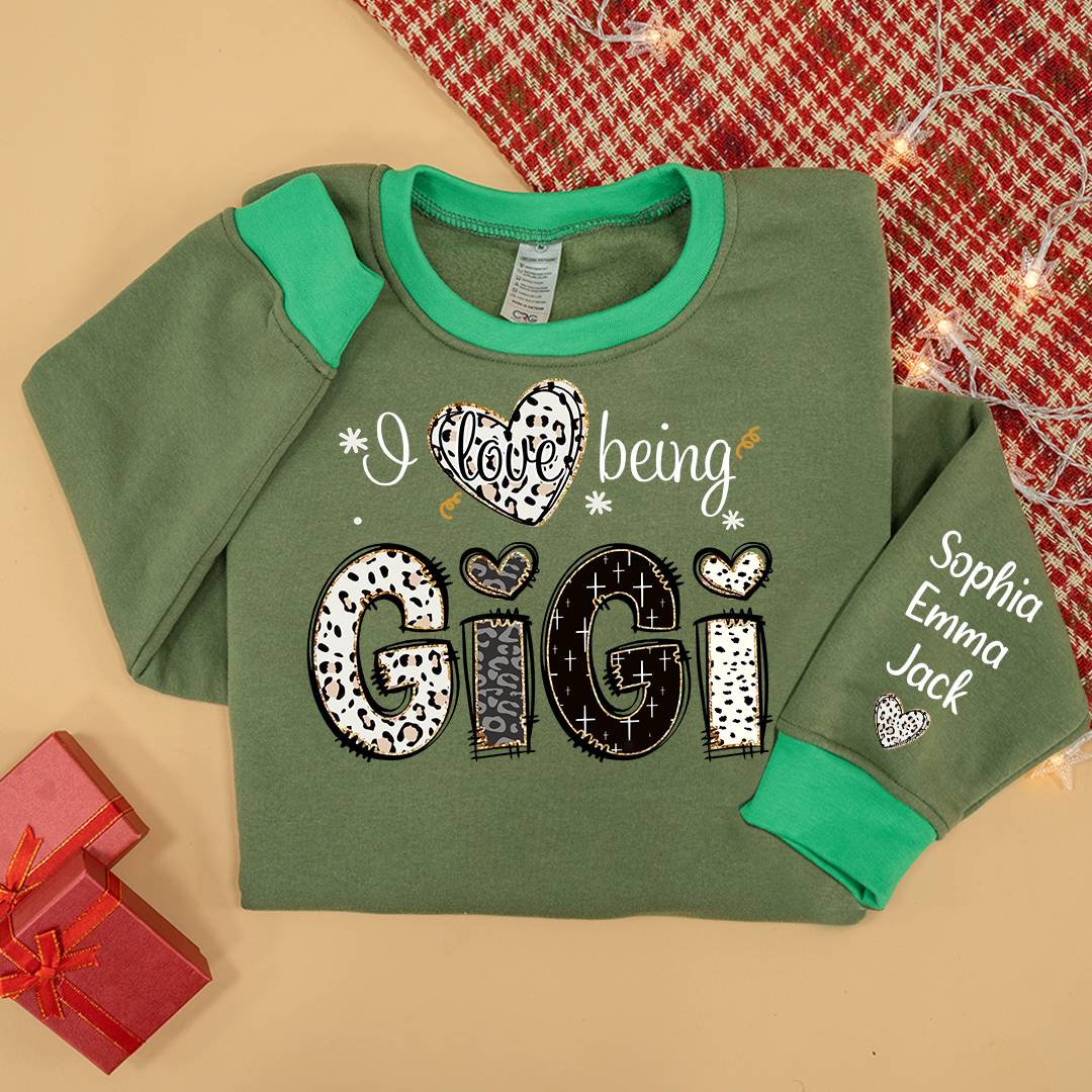I love being Gigi Bible Style Gift For Grandma And Grandkids Names on Sleeve Sweatshirt Mix