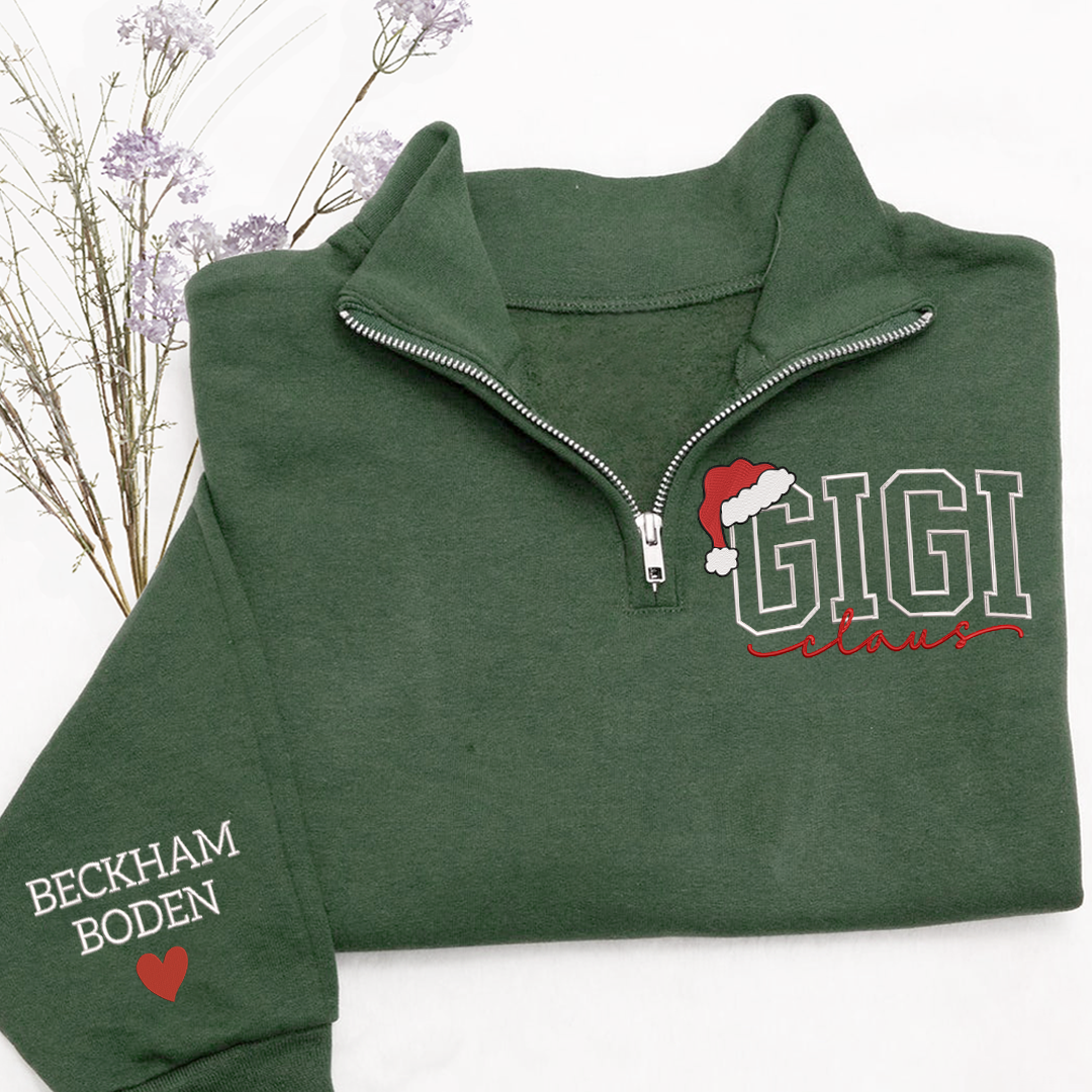 Custom Embroidered Gigi claus Sweatshirt And Grandkids Quarter Zip Sweater