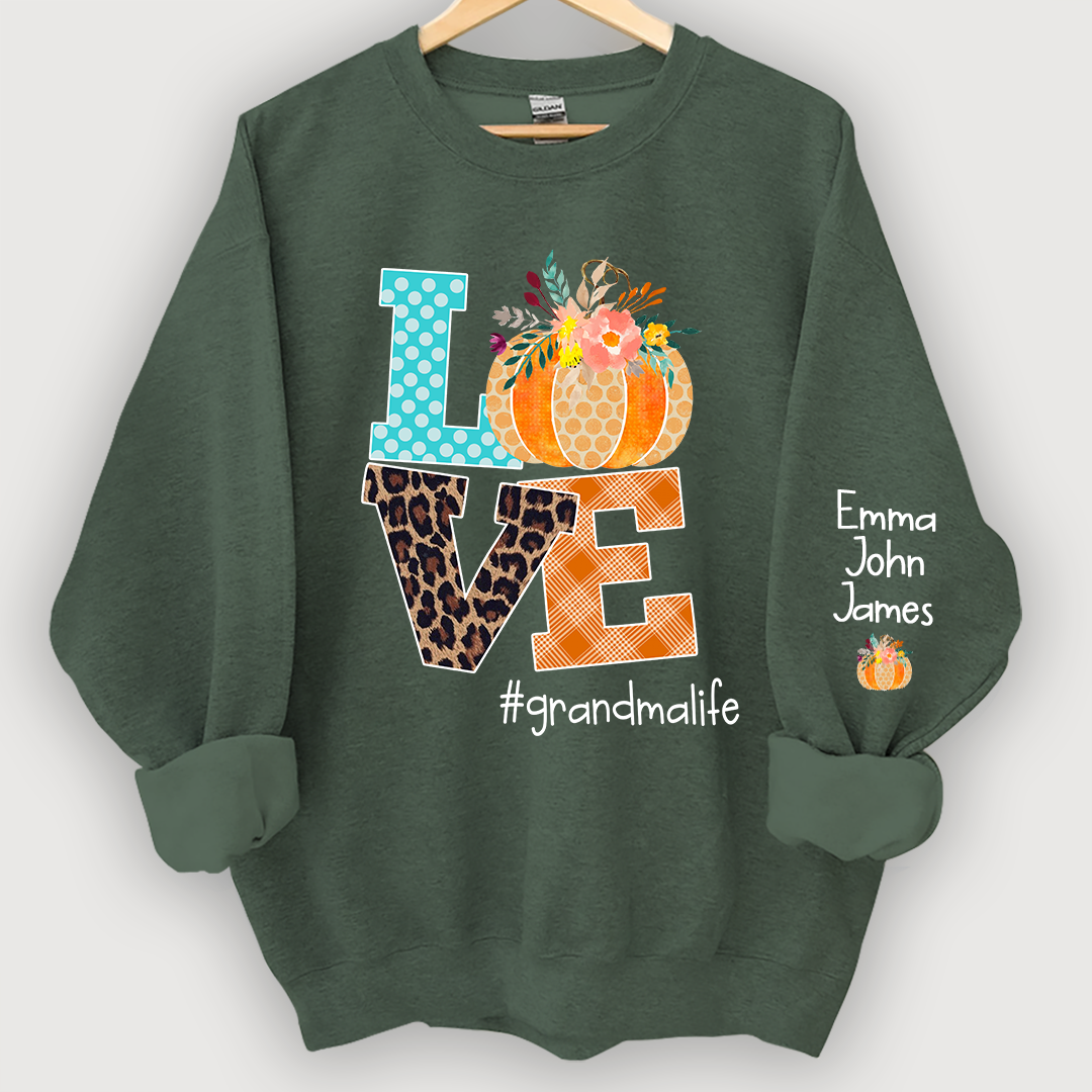 Love grandmalife Pumpkins Autumn And Grandkids Sweatshirt