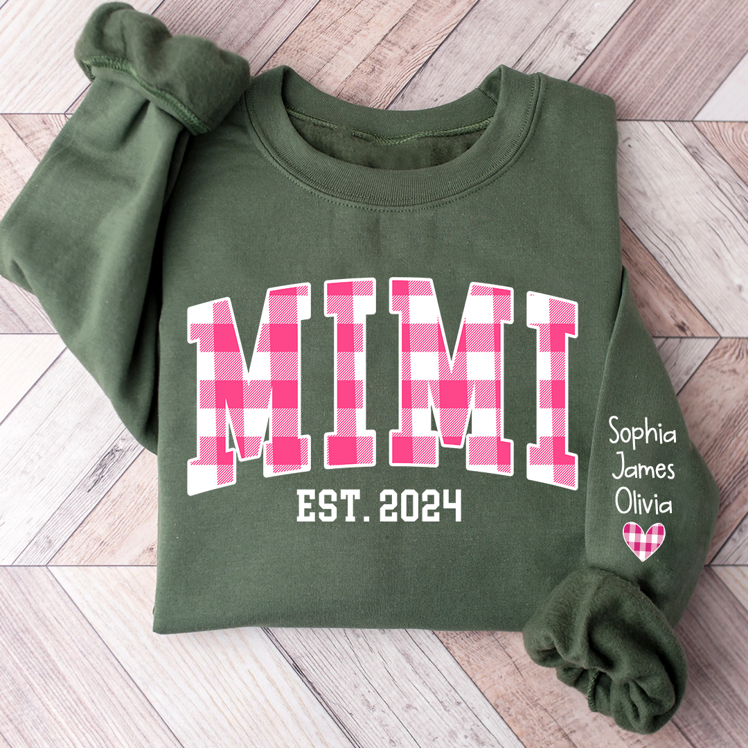 Custom Nickname Mimi Buffalo Plaid Pink And GrandKids Names Christmas 2024 Sweatshirt