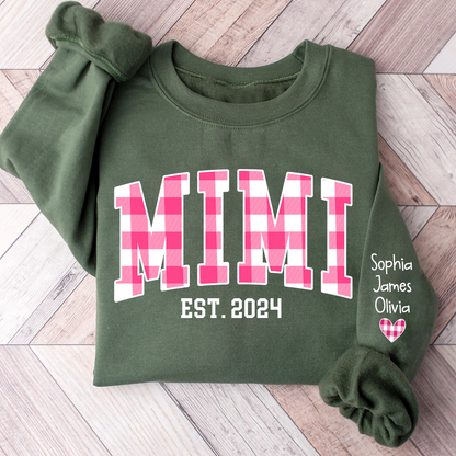Custom Nickname Mimi Buffalo Plaid Pink And GrandKids Names Christmas 2024 Sweatshirt