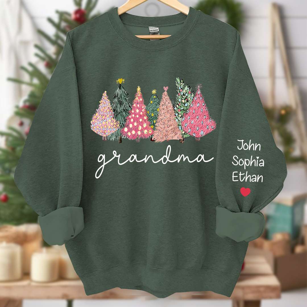 Grandma Christmas trees lights snow pink green cozy winter And Grandkids Names  Sweatshirt