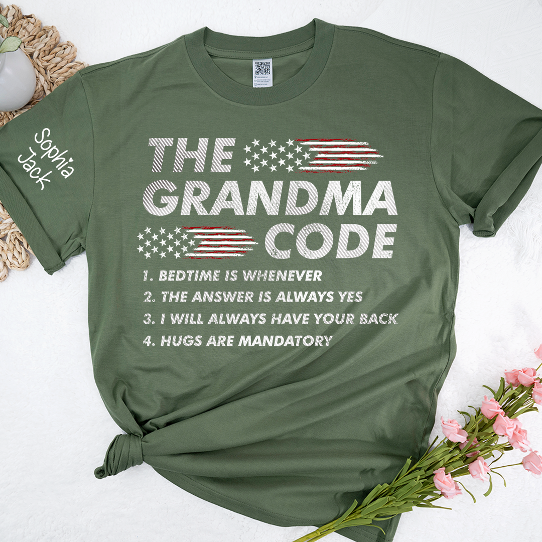 Personalized American Flag 'The Grandma Code' T-Shirt – Custom Mimi, Gigi, Nana Shirts, Fun Gift for Grandparents, Perfect for Mother’s Day and Birthdays