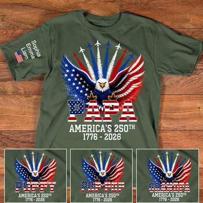 Personalized Grandpa Patriotic Eagle Shirt Custom Kids Names Sleeve, U.S. 250th Anniversary 1776 2026, Gift For Father's Day Birthday