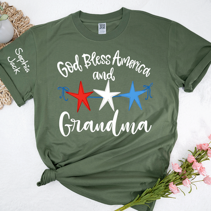 Personalized Custom God Bless America And Grandma T-shirt with Stars Design, Grandma Gigi Mama Mimi Shirt for 4th of July, Patriotic Gift for Mother's Day