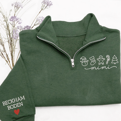 Custom Embroidered Mimi Merry Christmas Design, Gingerbread Sweatshirt And Grandkids Quarter Zip Sweater