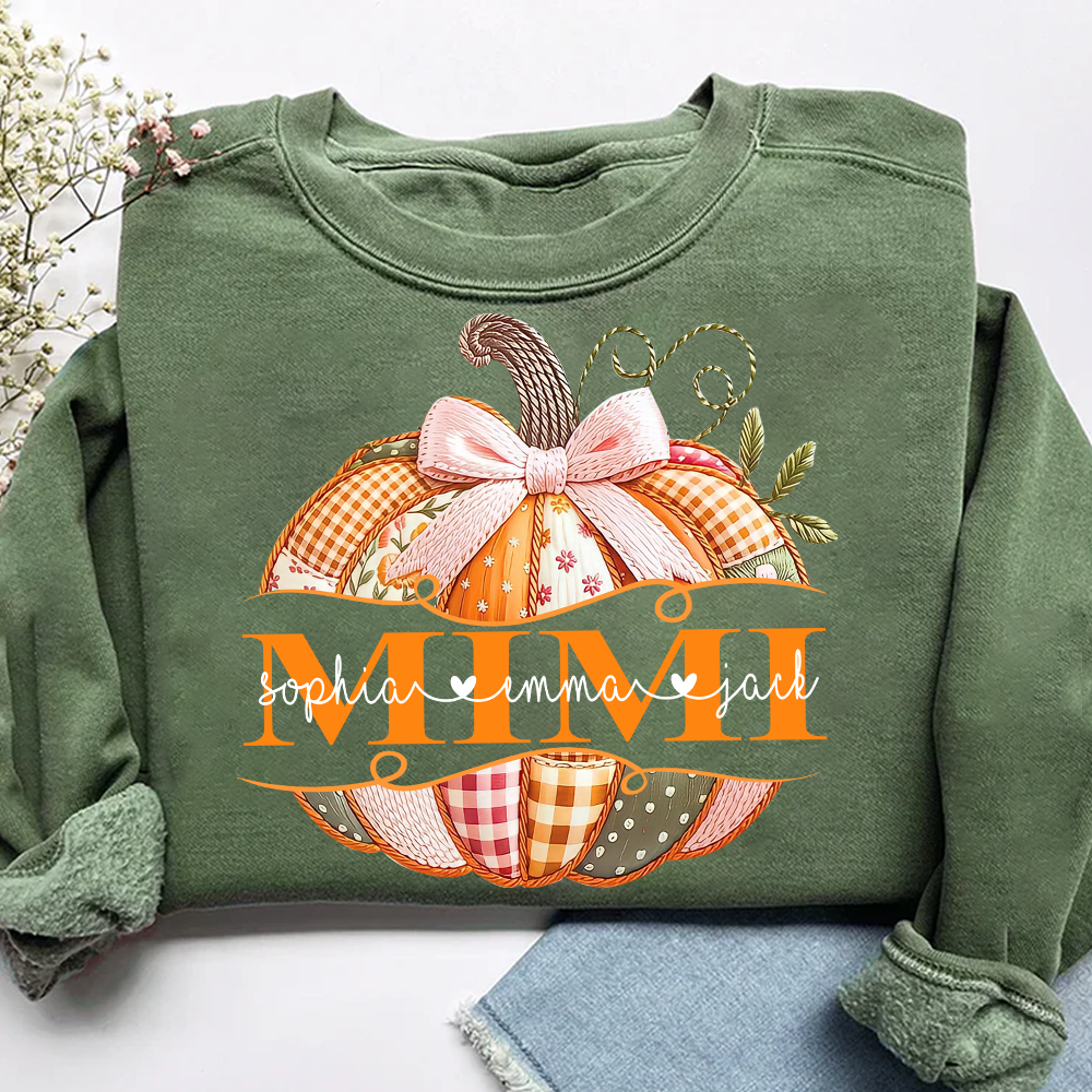 Mimi Pumpkin with Grandkids Name Design – Fall Gift for Grandma Sweatshirt