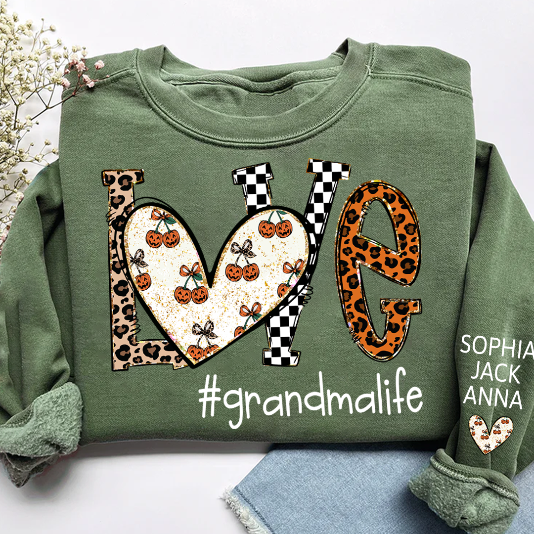 Love grandmalife Pumpkin Leopard Gift For Grandma And Grandkids Names on Sleeve Sweatshirt