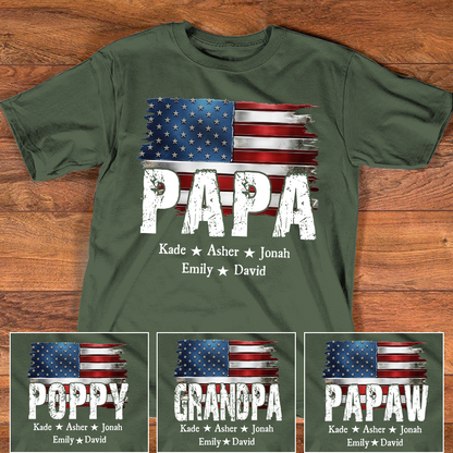 Personalized Papa Shirt Custom Kids Names Patriotic USA Flag, Custom Family Nickname for Dad Grandpa Birthday Father's Day Gift