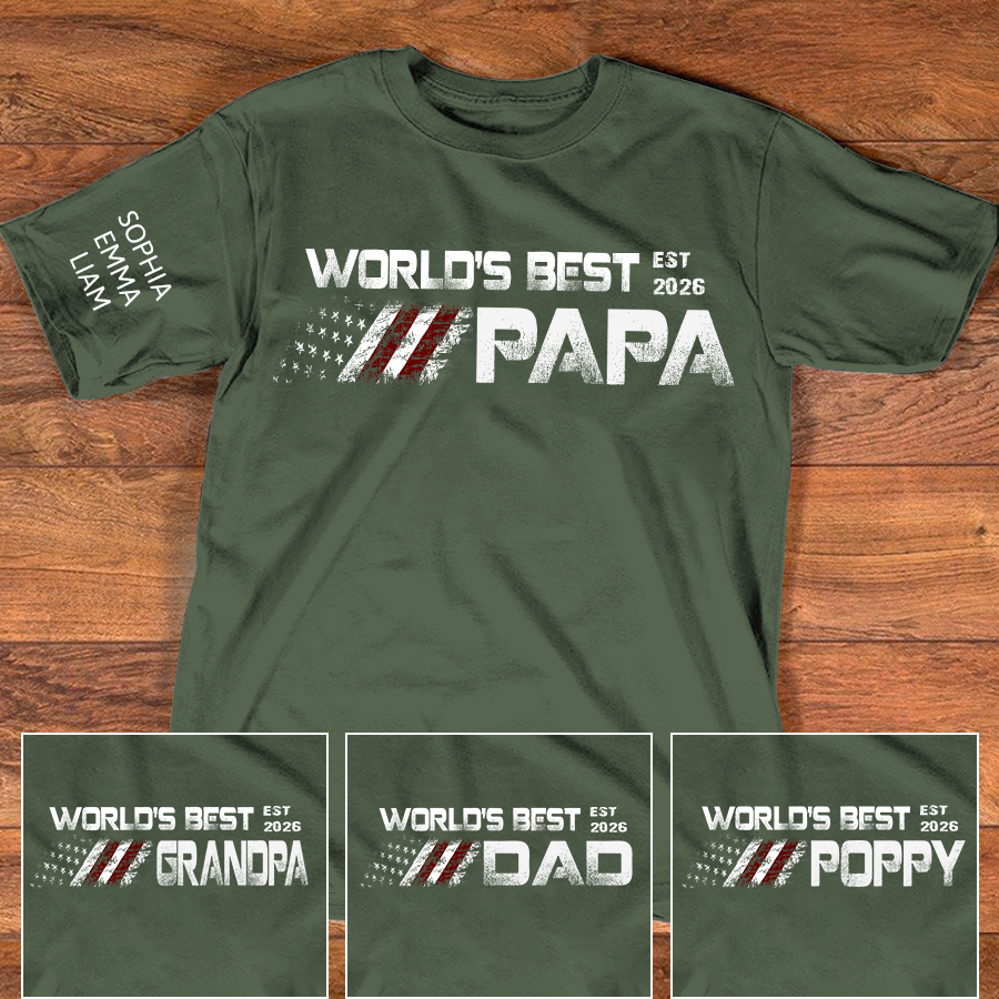 Personalized World’s Best Papa Shirt Custom Kids Names on Sleeve, Patriotic American Flag Grandpa T Shirt, Fathers Day Birthday Gift for Papa Dad Grandpa