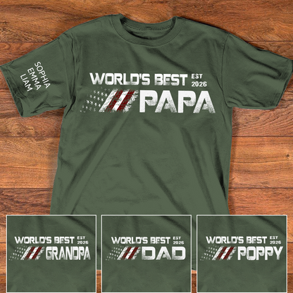 Personalized World’s Best Papa Shirt Custom Kids Names on Sleeve, Patriotic American Flag Grandpa T Shirt, Fathers Day Birthday Gift for Papa Dad Grandpa