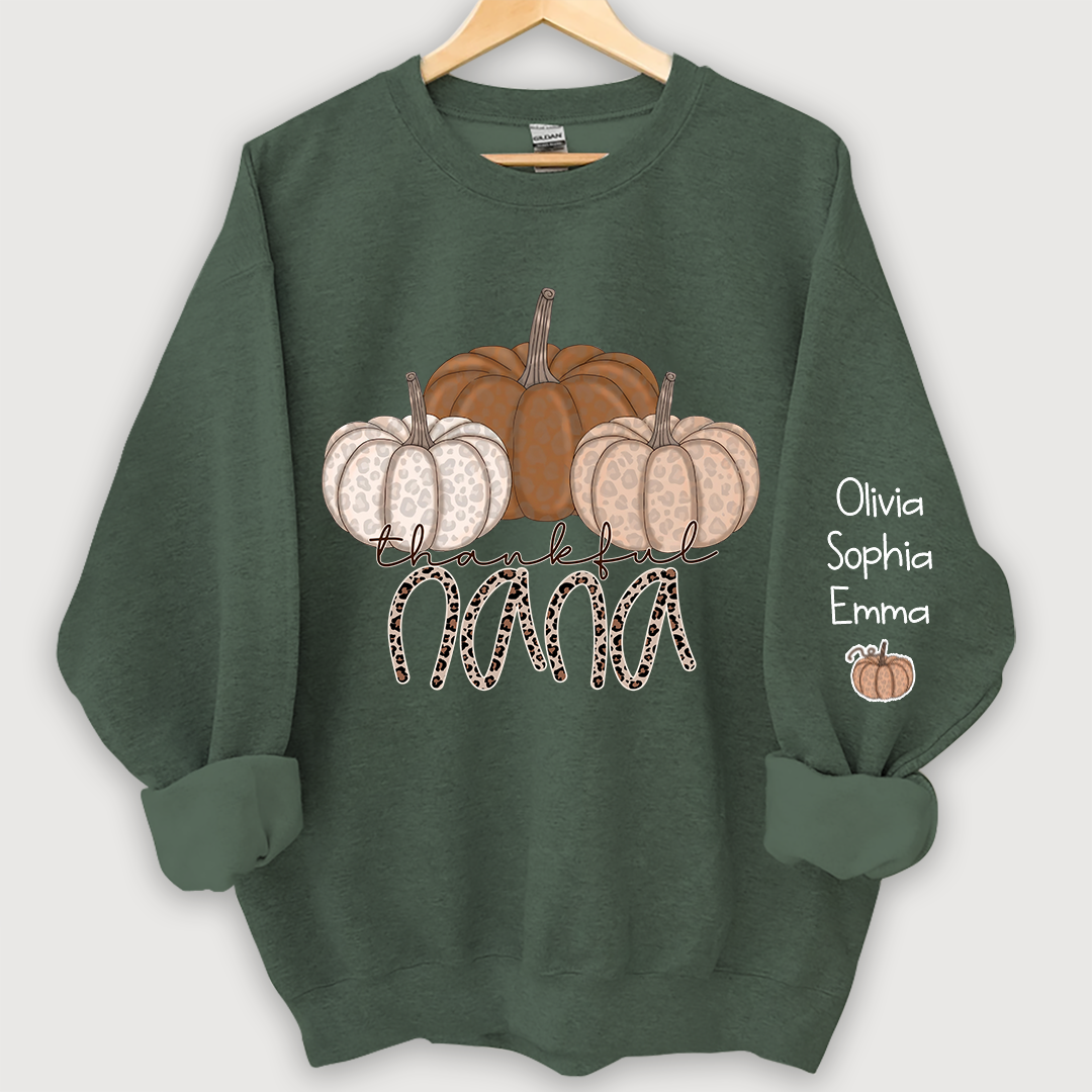 Thankful Nana Pumpkin Leopard and Grandkids on sleeve Sweatshirt