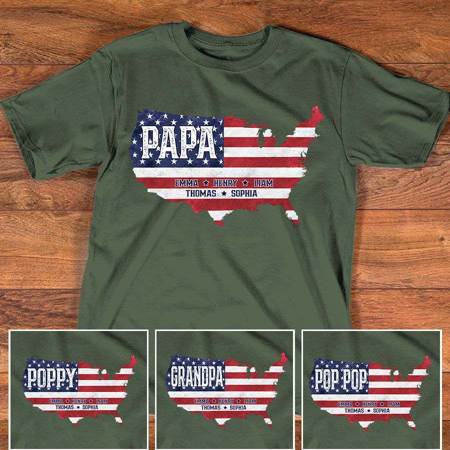 Personalized Papa American Flag Map Shirt Custom Kids Names, Patriotic Family Shirt for Dad Grandpa, Father's Day 4th of July