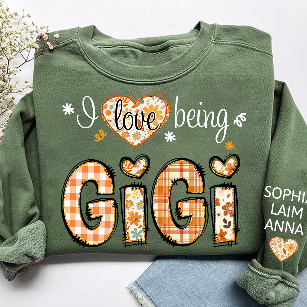 I love being Gigi fall and Grandkids Name Design Sweatshirt