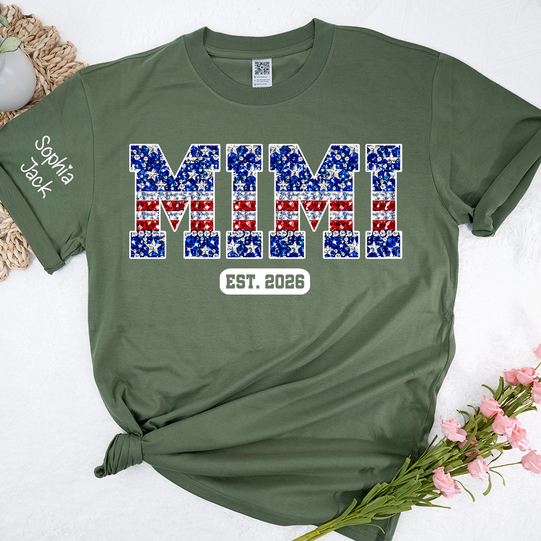 Mimi Faux Rhinestone Patriotic USA Flag Shirt Custom Nickname T-Shirt with Kids Names on Sleeve Est 2026 4th of July Mothers Day Family Matching Tee for Grandma Nana Gigi
