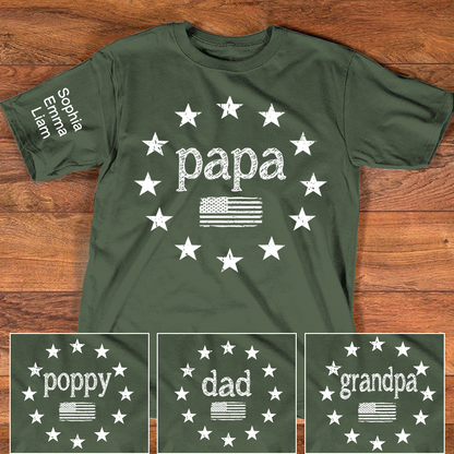Personalized Papa American Flag Shirt with Kids Names on Sleeve, Custom Grandpa Patriotic Tee for Father’s Day, Gift for Papa Dad Grandfather