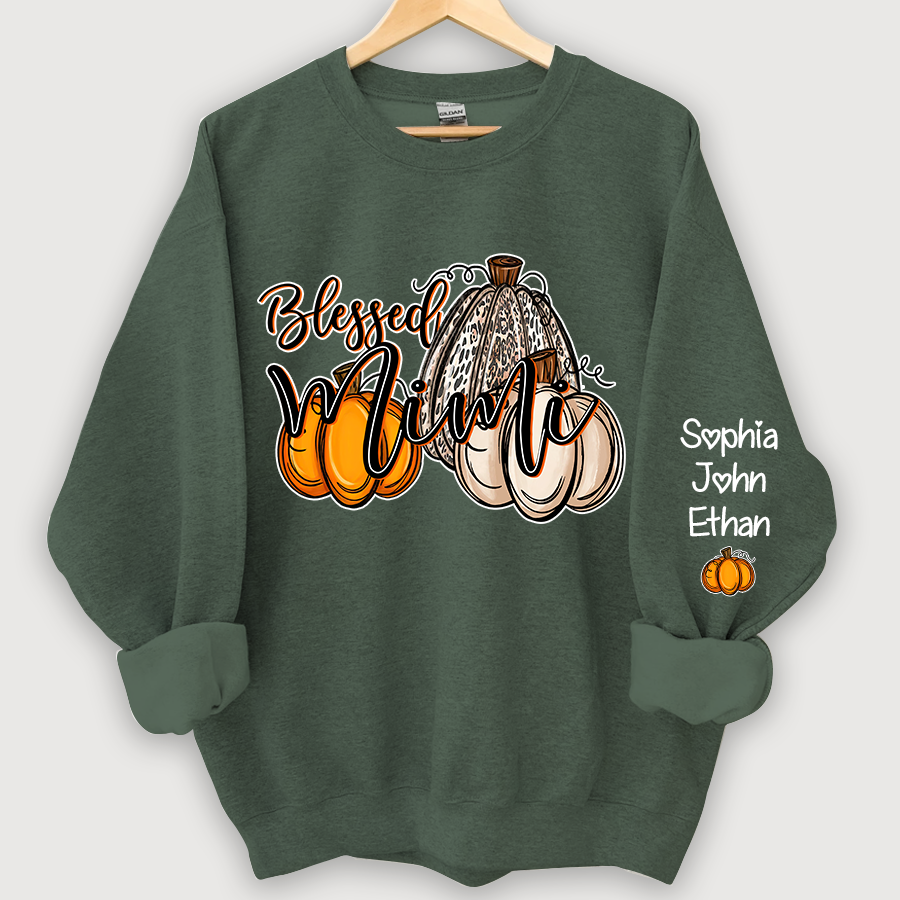 Blessed Mimi With Grandkids Names Thankful Fall Pumpkin Patch Sweatshirt