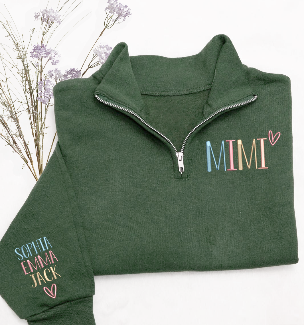 Mimi color Heart Sweatshirt, Personalized Mimi Embroidered Quarter Zip Sweater