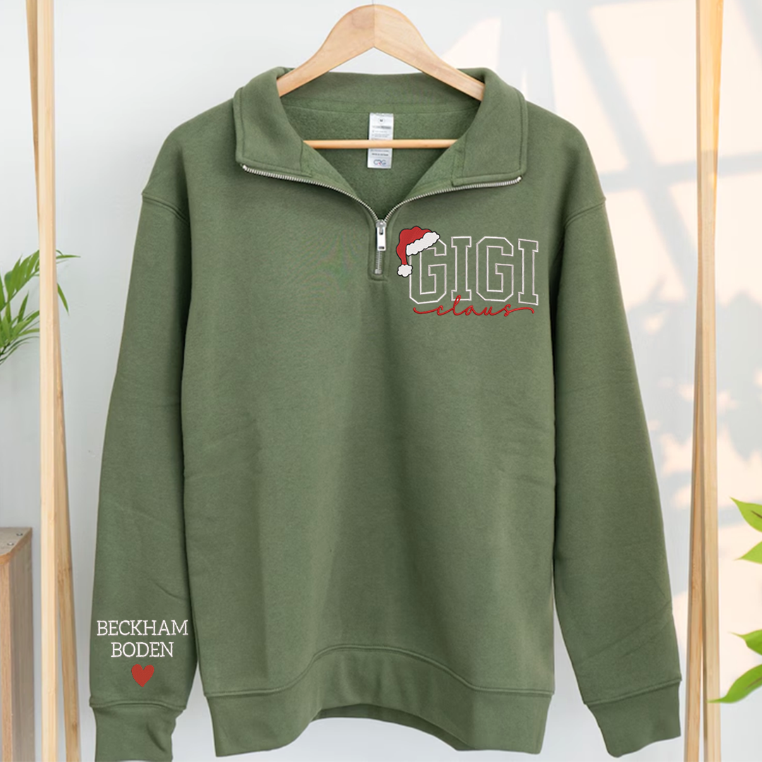 Custom Embroidered Gigi claus Sweatshirt And Grandkids Quarter Zip Sweater