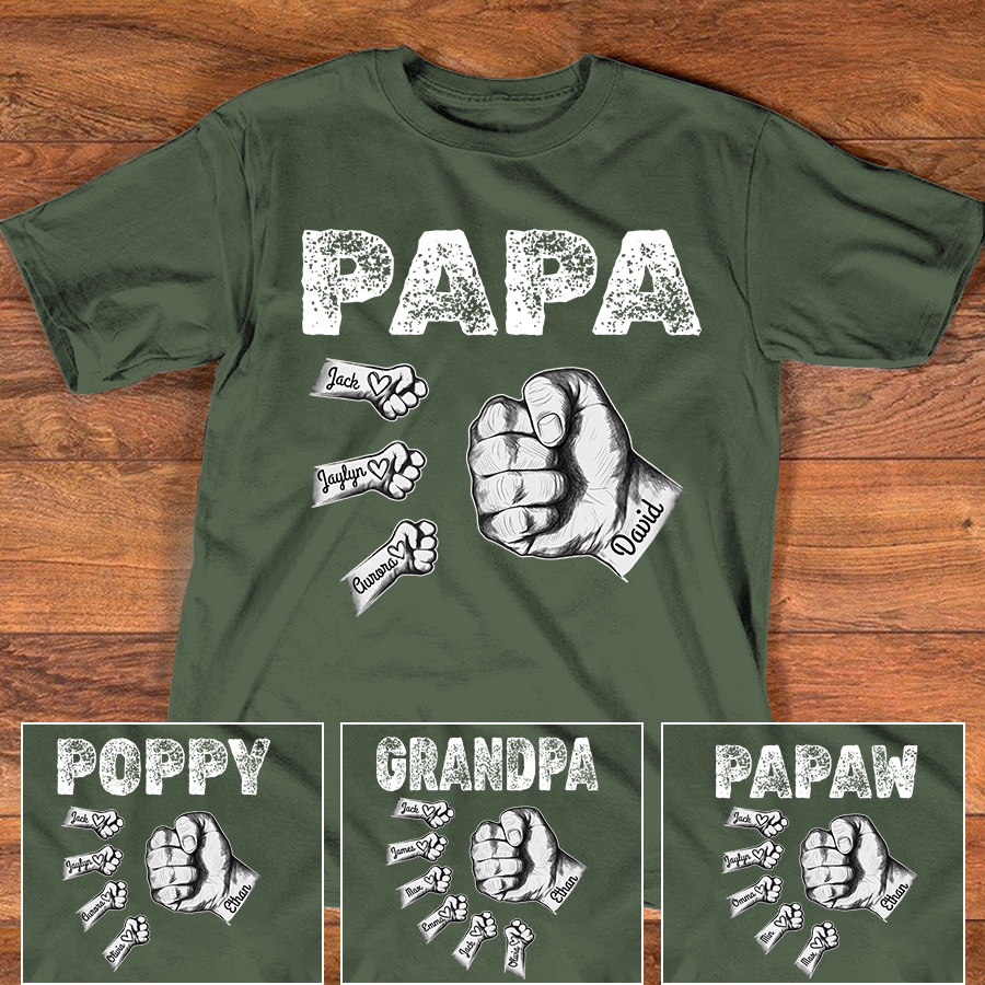 Personalized Papa Fist Bump Shirt with Kids Names, Custom Family Nickname T-Shirt for Dad Fathers Day Birthday 4th of July