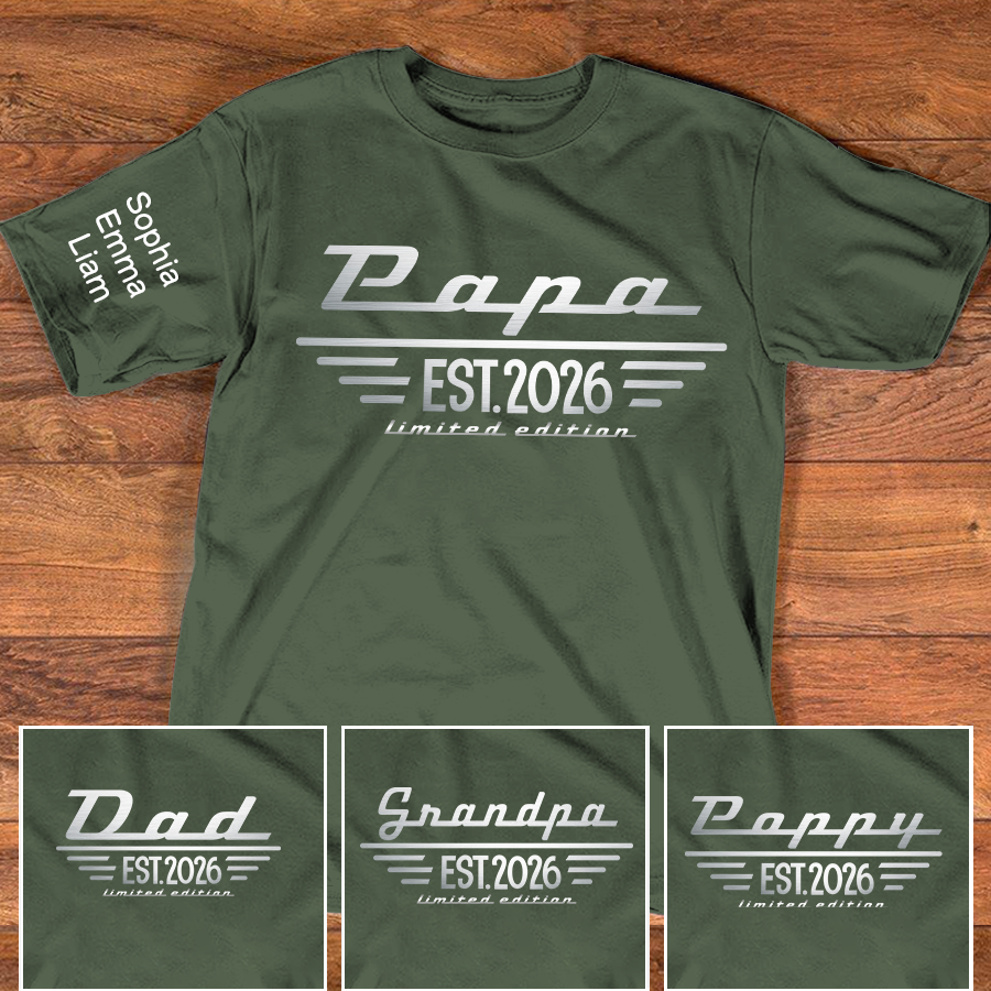 Personalized Papa EST. Limited Edition T-Shirt with Kids Names, Custom Family Nickname Shirt for Dad Fathers Day Gift