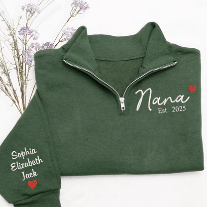Nana Heart Sweatshirt, Personalized Nana And Grandkids Embroidered Quarter Zip Sweater