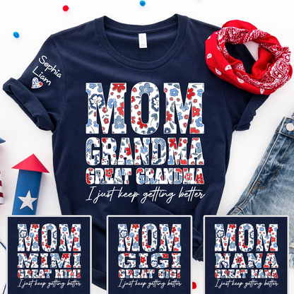 Mom Grandma Great Grandma Shirt, Patriotic Floral Tee with Custom Names, Gift for Mom Grandma Great Grandma Family Shirt
