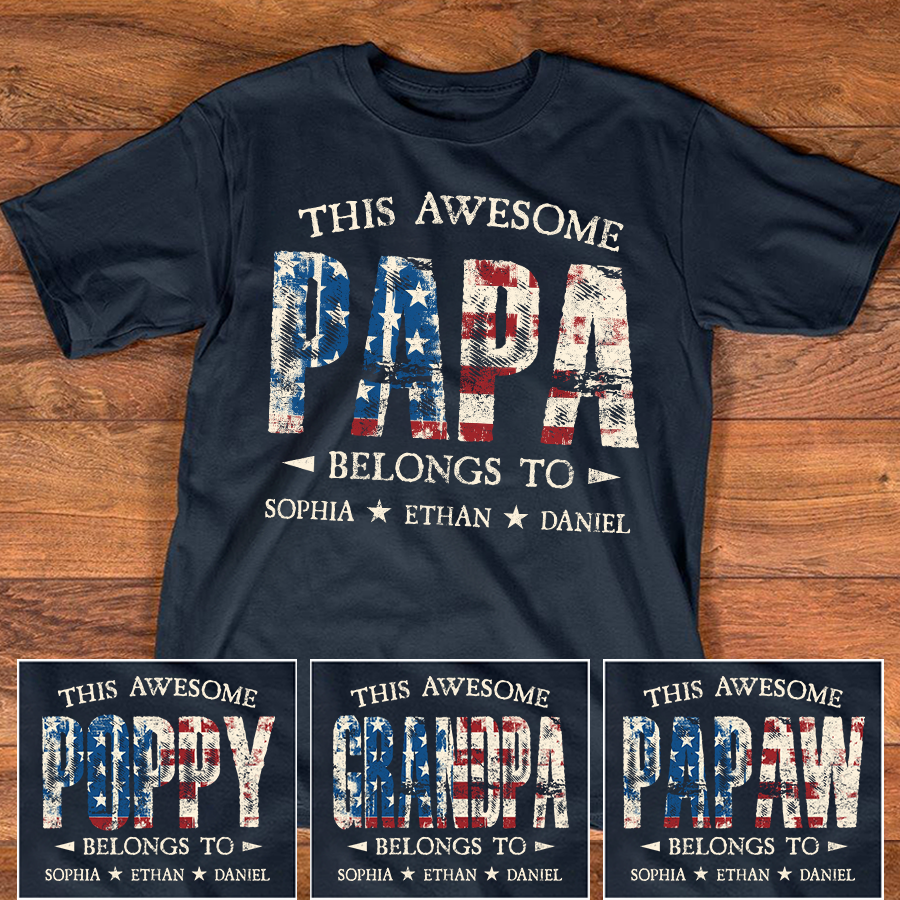 Custom This Awesome PAPA T Shirt, Personalized with Kids Names, Unique American Flag Design for Father's Day