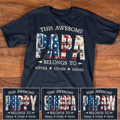 Custom This Awesome PAPA T Shirt, Personalized with Kids Names, Unique American Flag Design for Father's Day