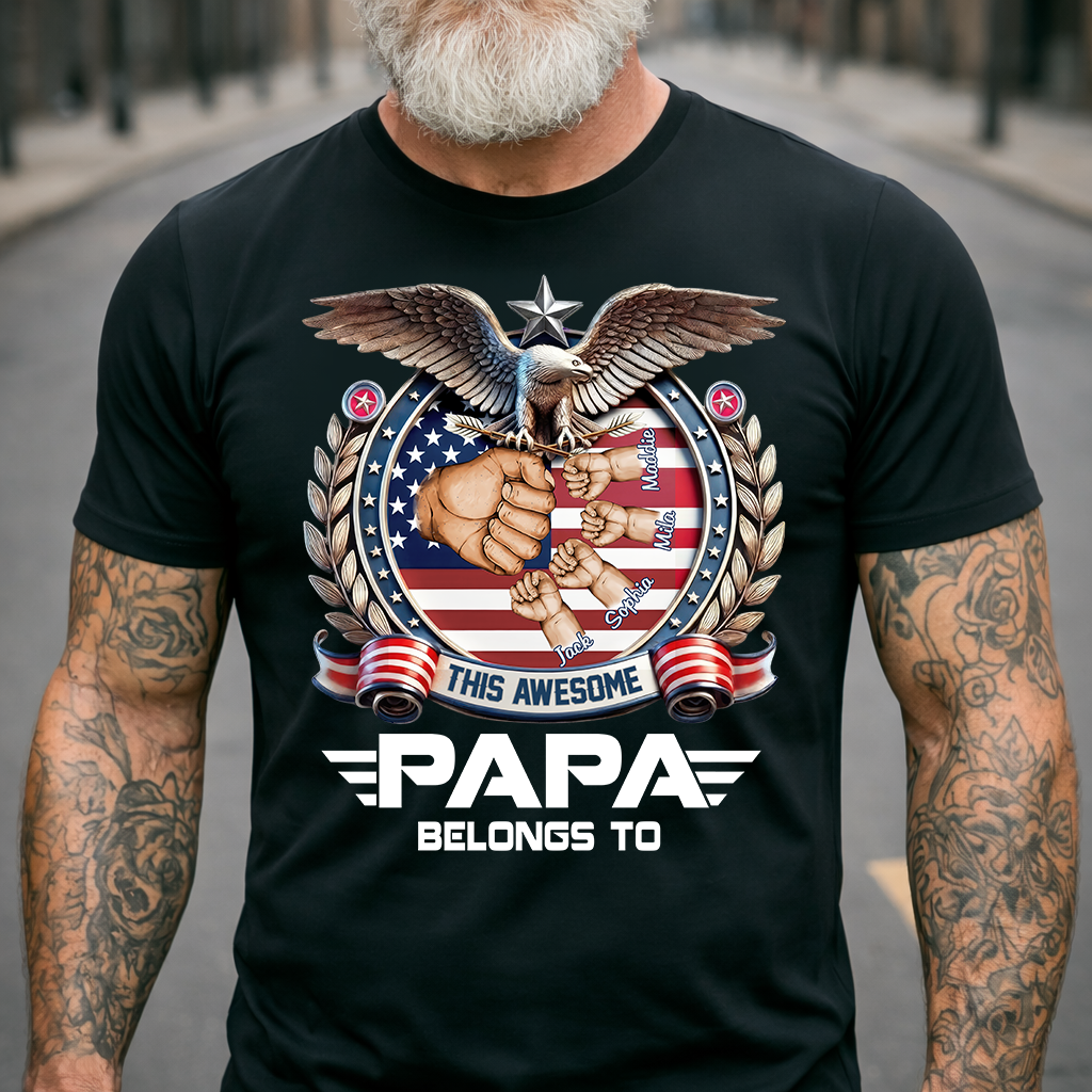 Personalized Papa Shirt This Awesome Papa Belongs To, Custom Kids Names Patriotic Eagle T-Shirt