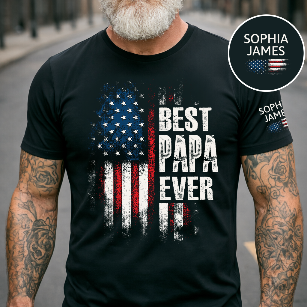Best Papa Ever Shirt, Personalized Name Papa Tee, American Flag Design, Gift for Dad Grandpa from Kids, Custom Family Shirt