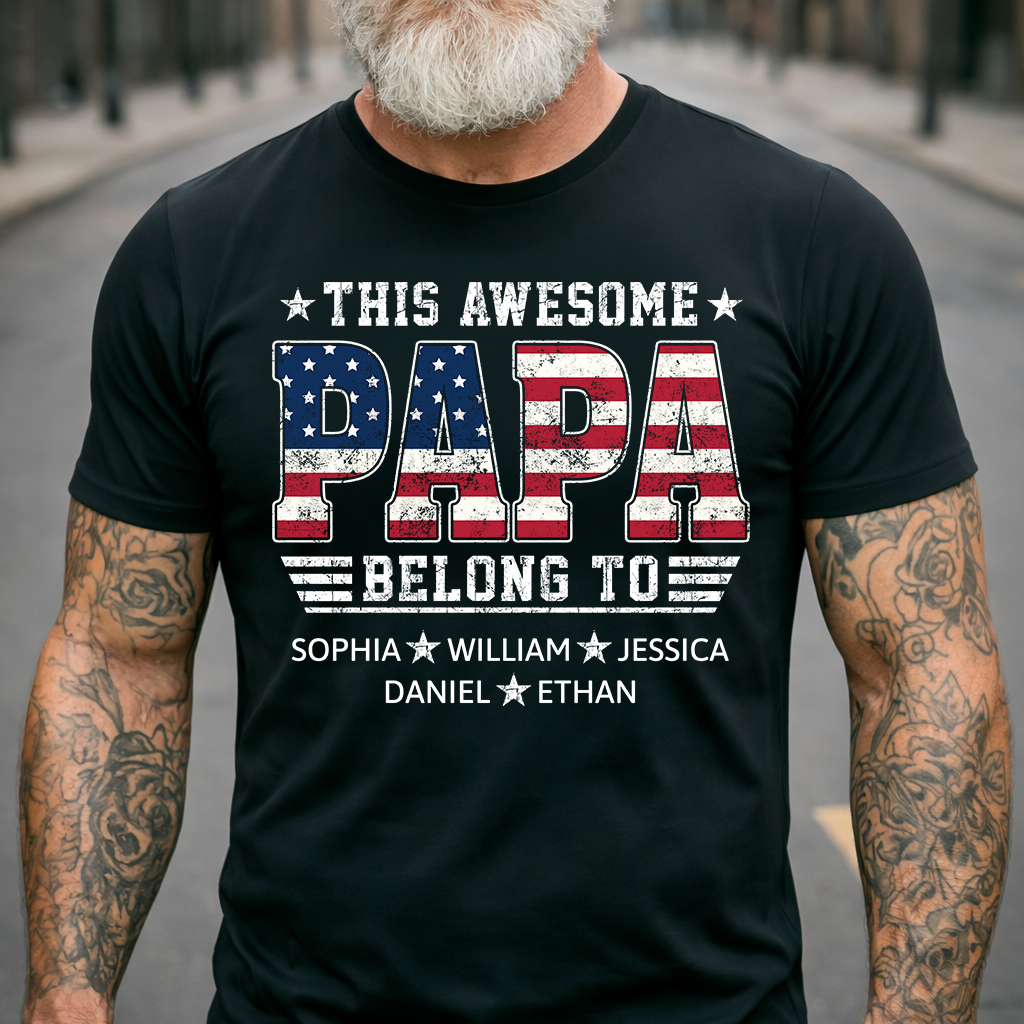 Custom Papa Shirt with Kids Names This Awesome Papa Belongs To Patriotic Grandpa Fathers Day Gift