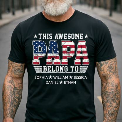 Custom Papa Shirt with Kids Names This Awesome Papa Belongs To Patriotic Grandpa Fathers Day Gift
