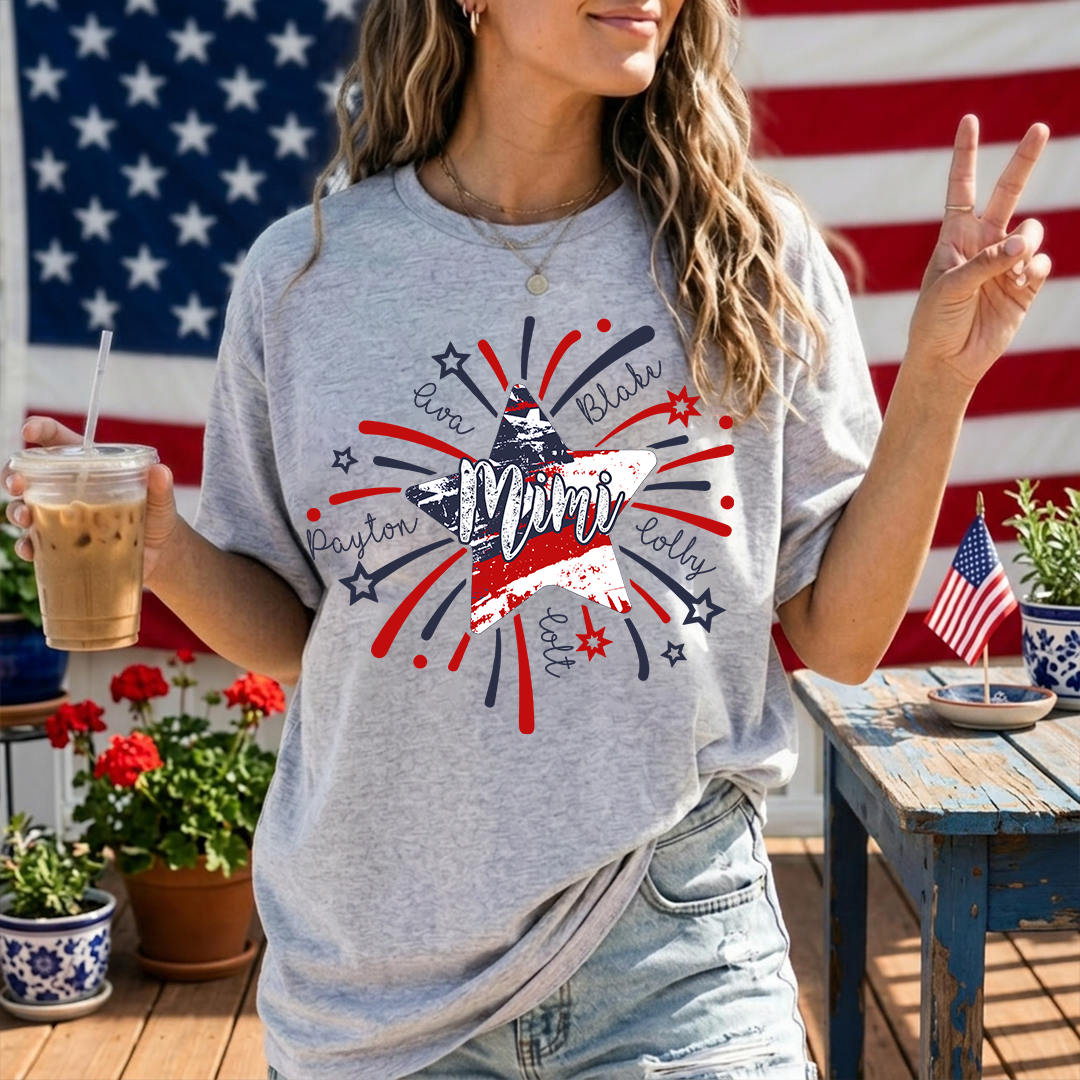 Personalized MIMI Fireworks America Flag Shirt – Custom Grandma Tee with Grandkids Names