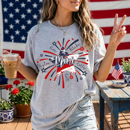 Personalized Mimi 4th of July Shirt, Custom Grandmother Name Patriotic T-Shirt, Independence Day Gift for Mimi, USA Fireworks Family Tee
