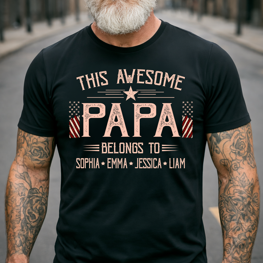 Custom This Awesome Papa T Shirt, American Flag Graphic, Personalized with Family Names for Papa