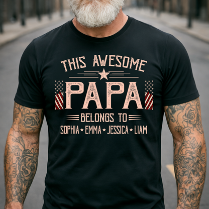 Custom This Awesome Papa T Shirt, American Flag Graphic, Personalized with Family Names for Papa
