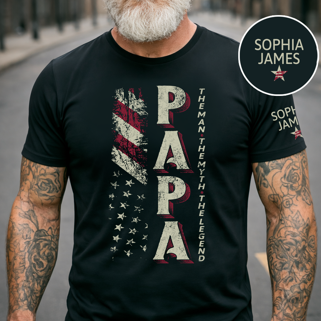Personalized PAPA The Man, The Myth, The Legend T Shirt, Custom Family Names with American Flag Design, Perfect Gift for Father’s Day