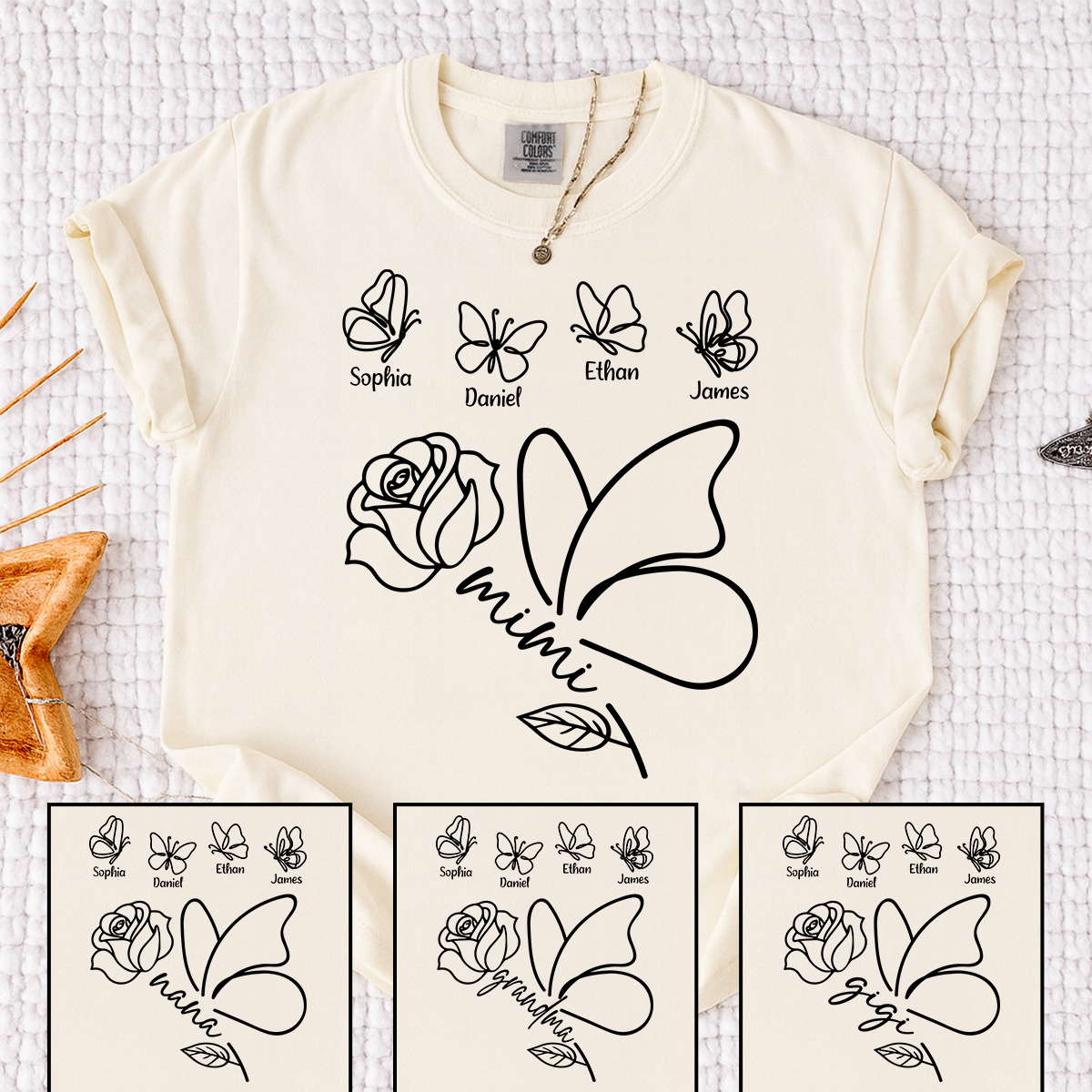 Comfort Colors Custom Mimi Shirt, Butterfly and Rose Graphic, Personalized with Kids Names, Family Gift